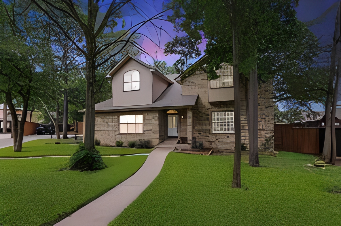 Two-story suburban house with walkway and trees