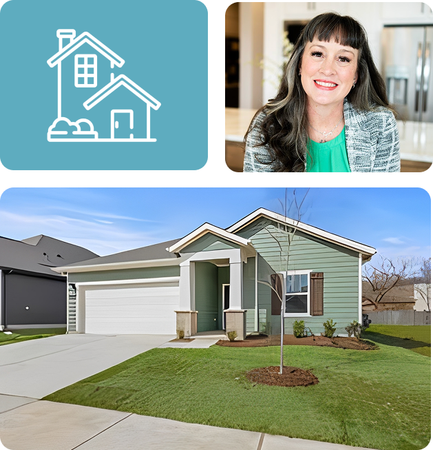 Smiling woman with suburban house and icon